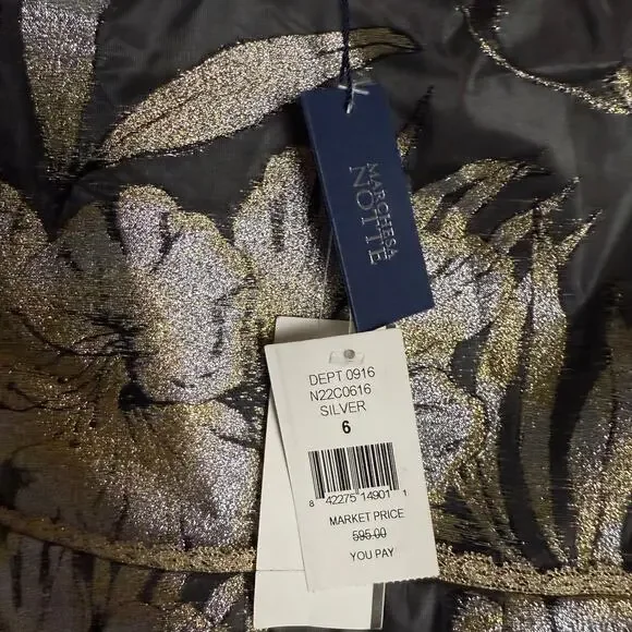 Marchesa Notte Gold Metallic Floral Print Asymmetrical Flounce Cocktail  Dress 6 - threedaughtersproperties.com